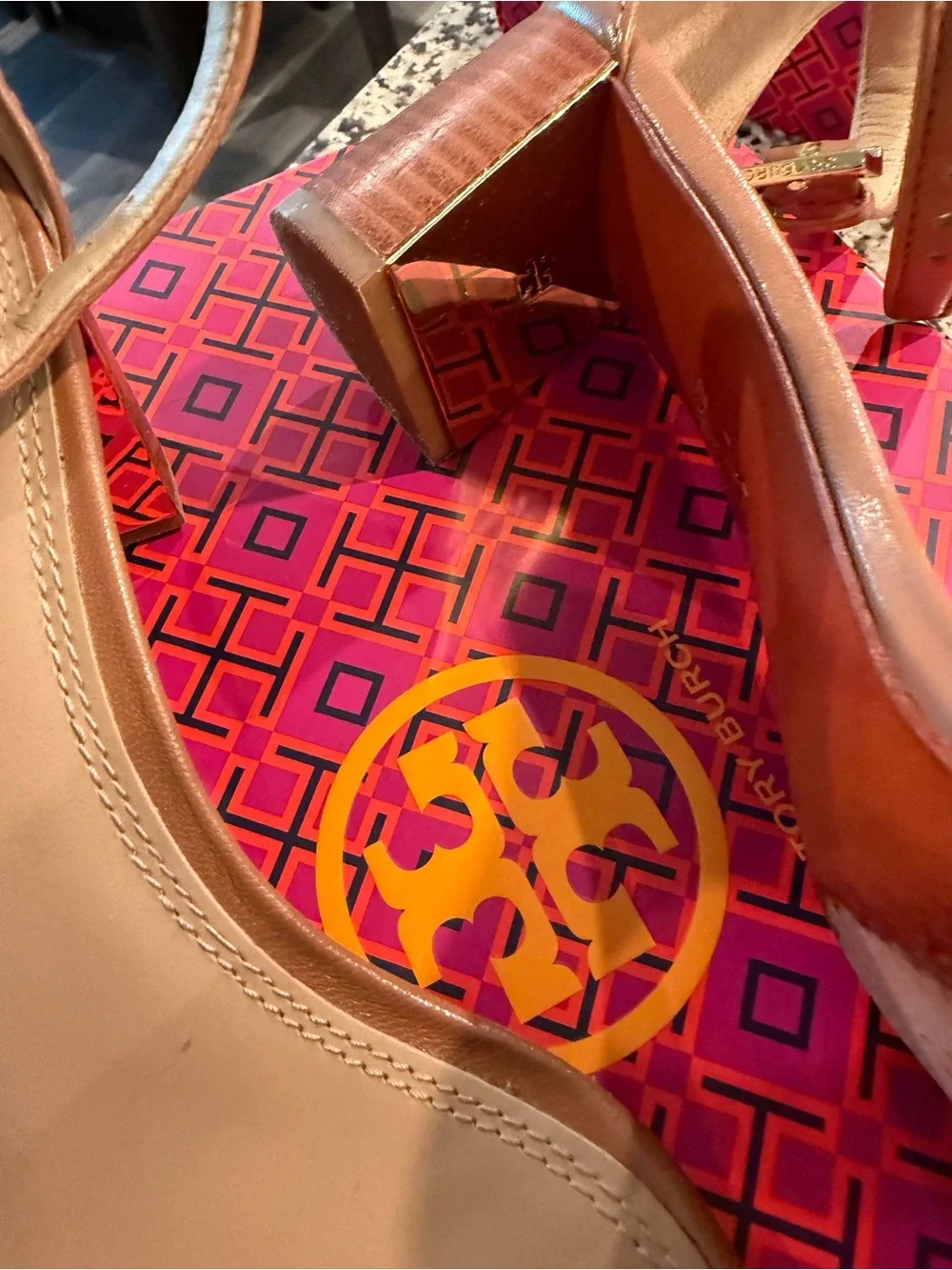 Tory Burch Tan Leather Ankle-Strap Block Heel Sandal with Gold Accent